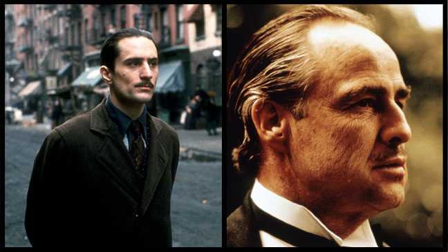 A la izquierda Robert de Niro y a la derecha Marlon Brando. Ambos actores interpretanto a Vito Corleone